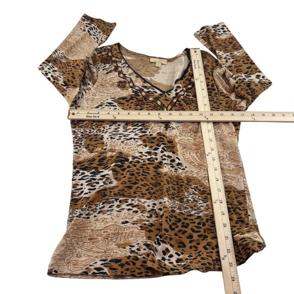 Choices Womens Animal Print V-Neck Tunic Top Size M 100% Cotton Long Sleeve - Picture 4 of 6